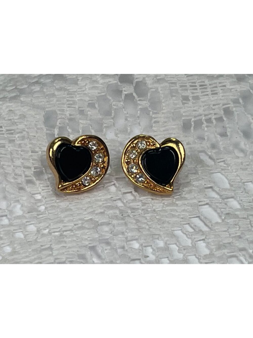 Vintage Avon Heart-Shaped Black & Gold Stud Earrings With Crystal Accents